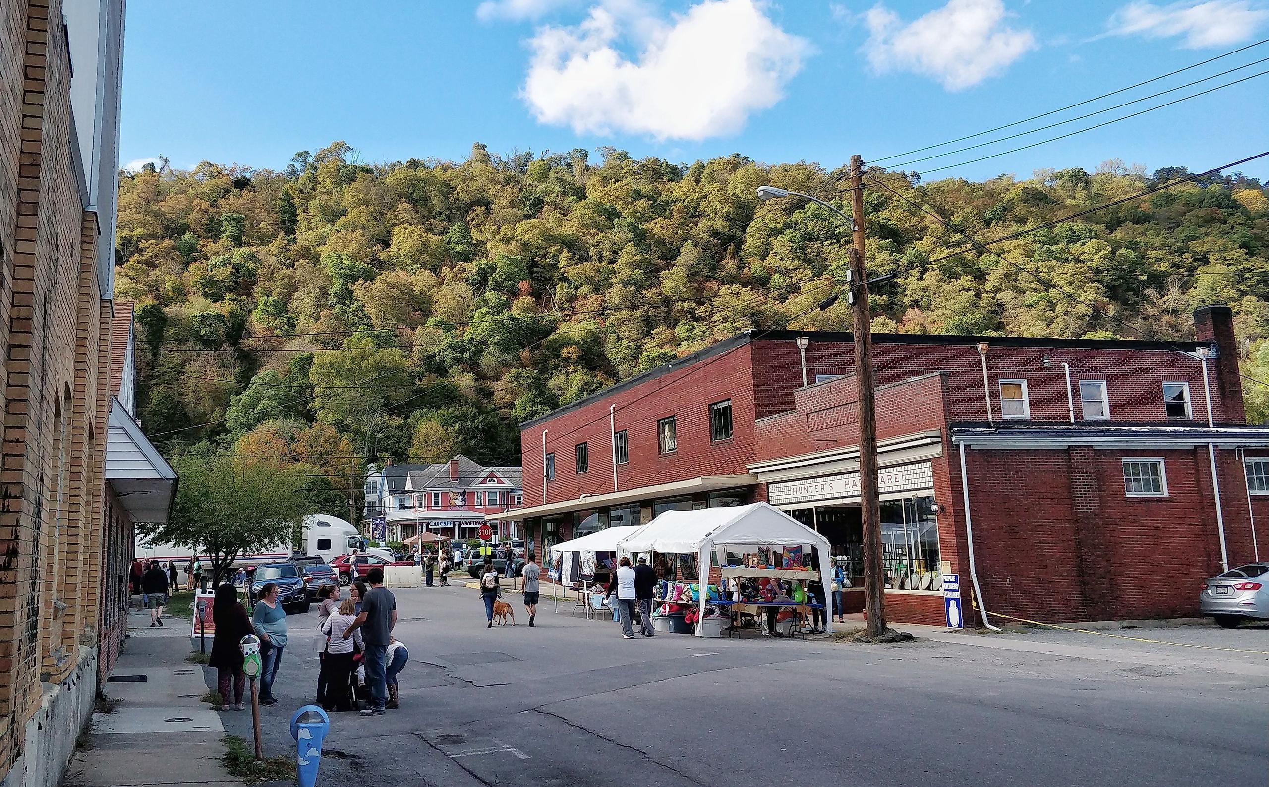 Small-town Main Street storefronts in West Virginia